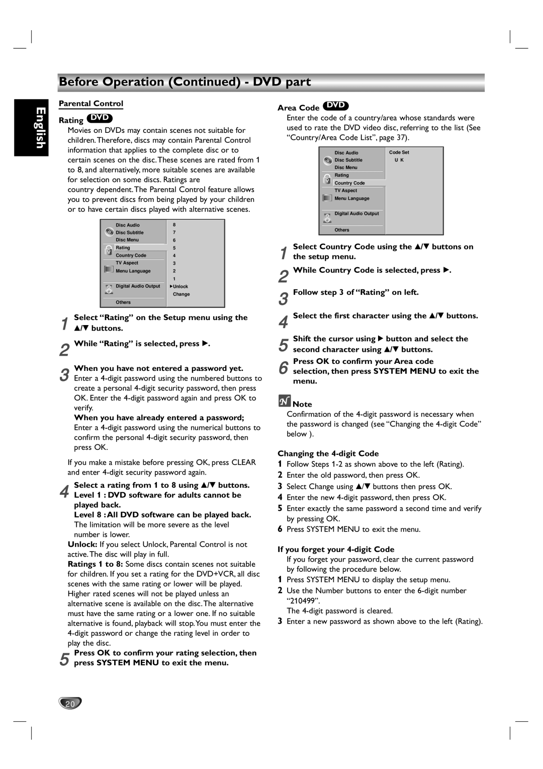 Kodak DVD755VR/05 Parental Control Rating DVD, When you have already entered a password, Changing the 4-digit Code 