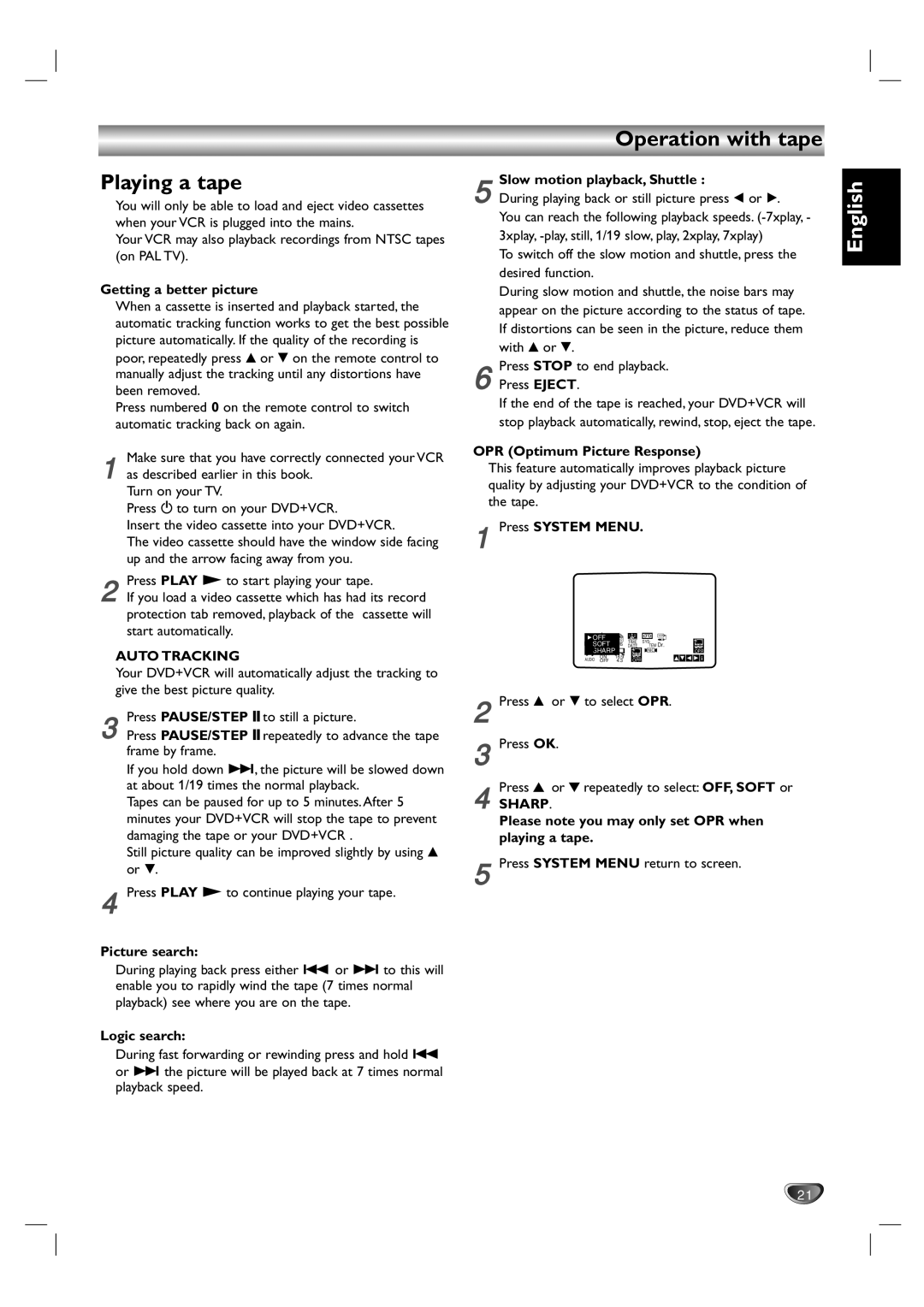 Kodak DVD755VR/05 owner manual Playing a tape, Operation with tape, Auto Tracking, Sharp 