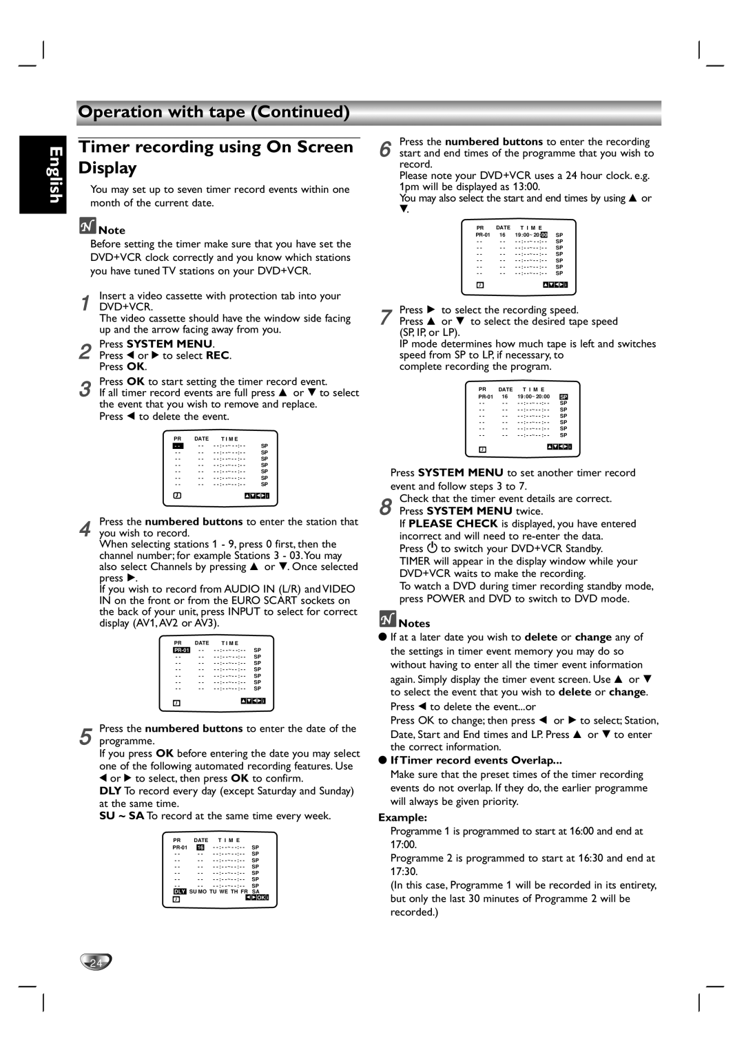 Kodak DVD755VR/05 owner manual Operation with tape Timer recording using On Screen Display 