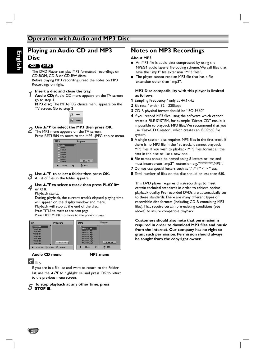 Kodak DVD755VR/05 owner manual Playing an Audio CD and MP3 Disc 