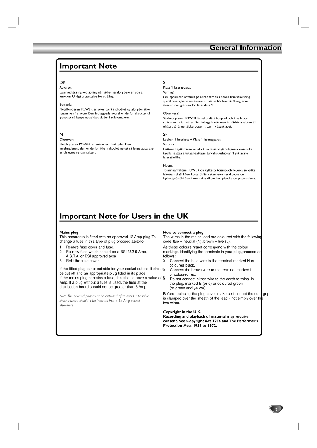 Kodak DVD755VR/05 owner manual General Information Important Note, Important Note for Users in the UK 