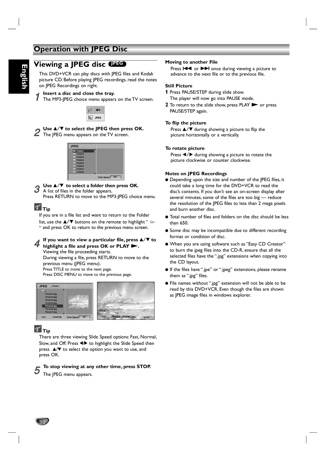 Kodak DVD755VR/05 owner manual Operation with Jpeg Disc Viewing a Jpeg disc Jpeg 