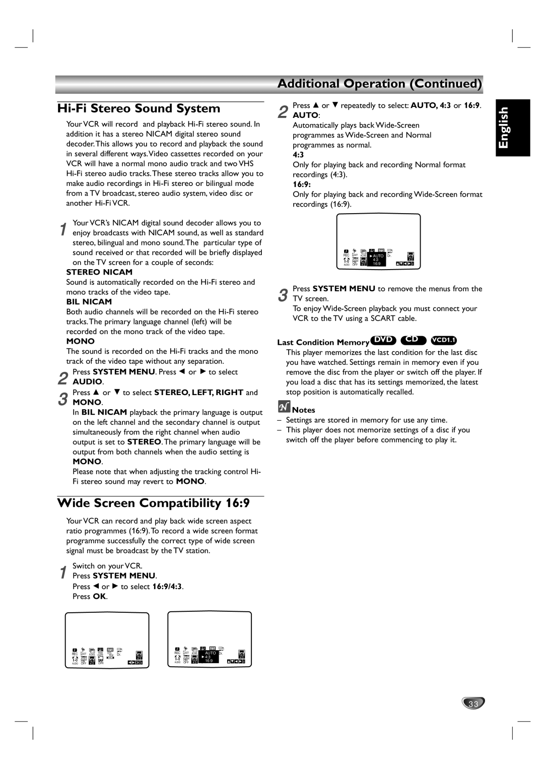 Kodak DVD755VR/05 owner manual Hi-Fi Stereo Sound System, Wide Screen Compatibility, Additional Operation 