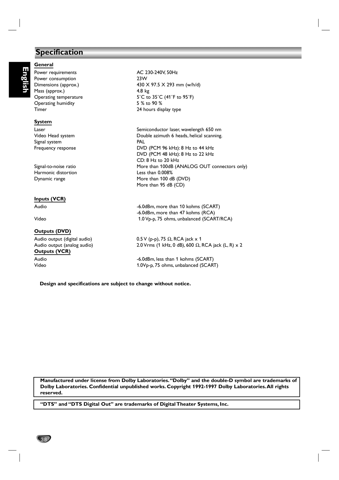 Kodak DVD755VR/05 owner manual Specification 