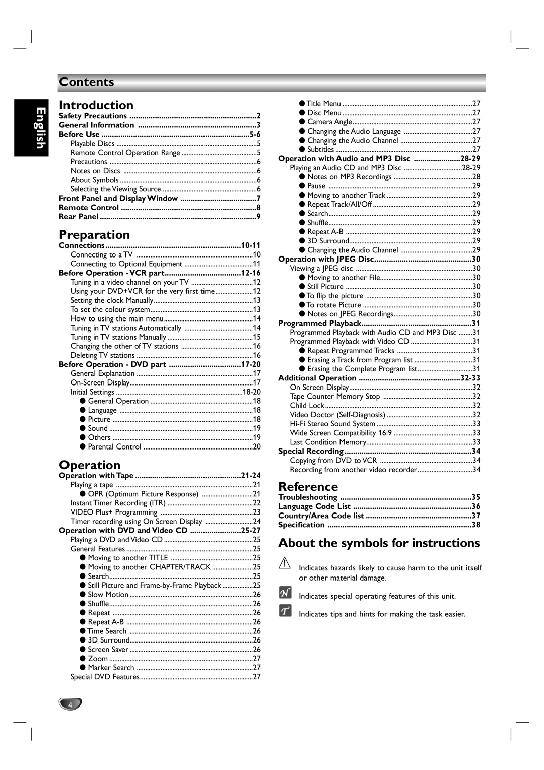 Kodak DVD755VR/05 owner manual Contents Introduction, Preparation, Operation, Reference, About the symbols for instructions 