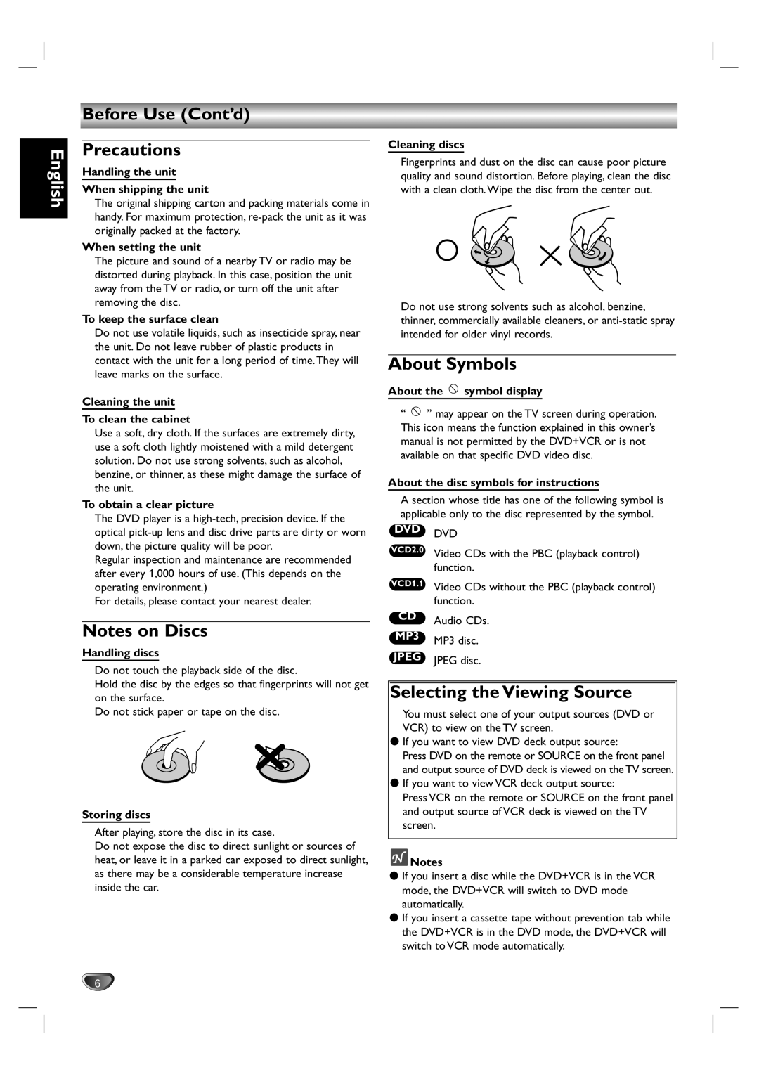 Kodak DVD755VR/05 owner manual Before Use Cont’d Precautions, About Symbols, Selecting the Viewing Source 