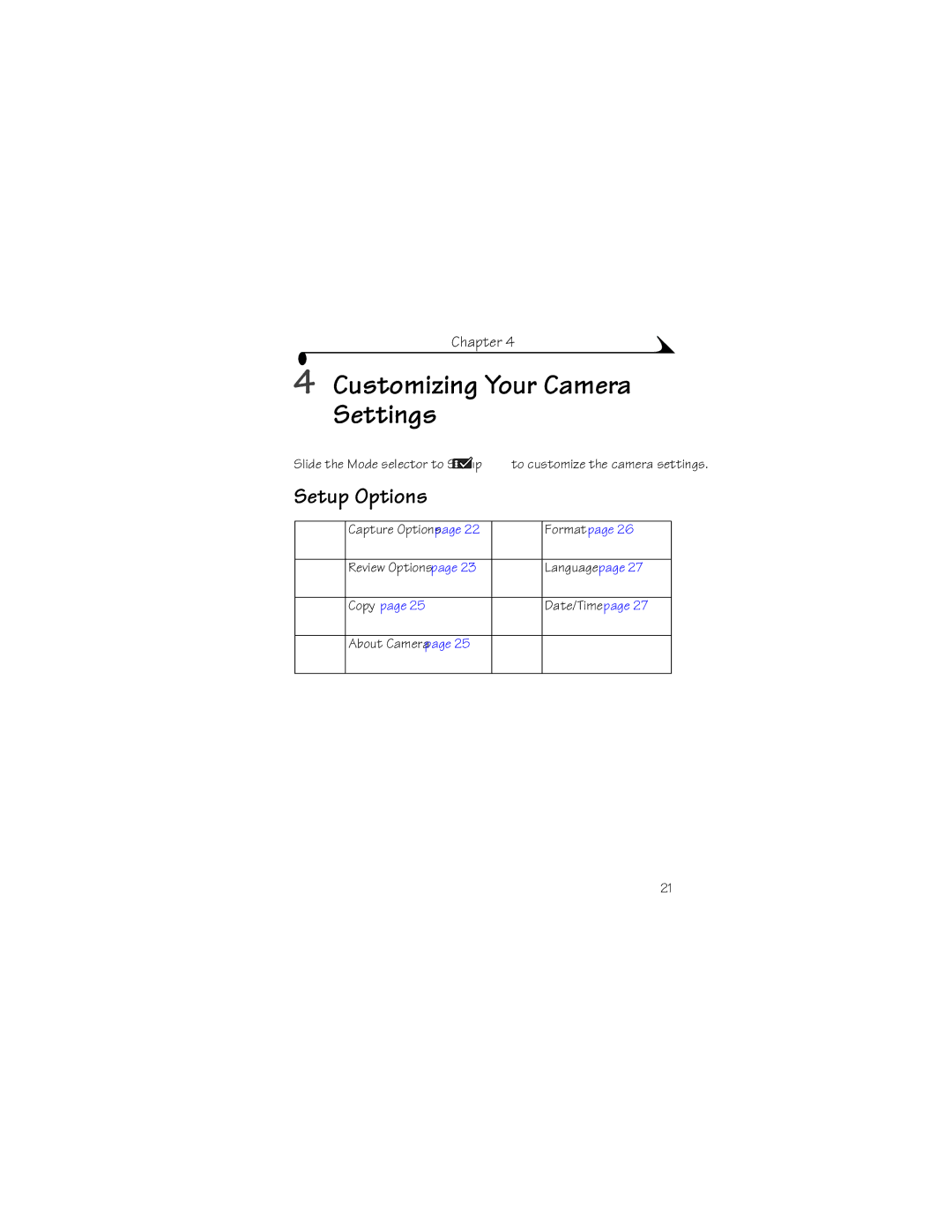 Kodak DX3215 manual Customizing Your Camera Settings, Setup Options 