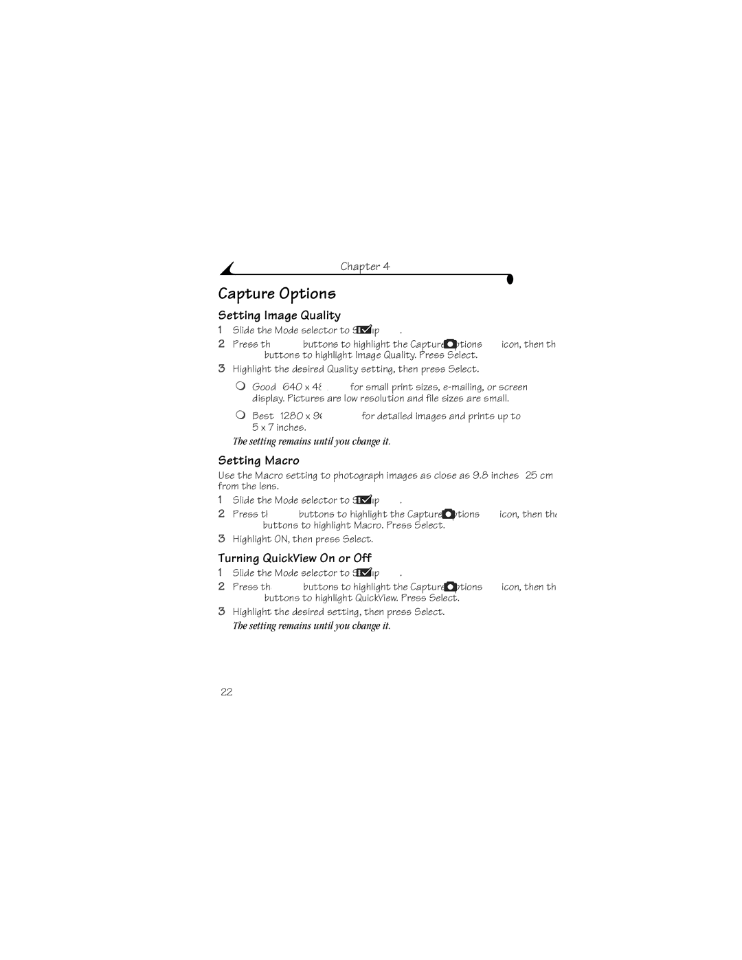 Kodak DX3215 manual Capture Options, Setting Image Quality, Setting Macro, Turning QuickView On or Off 