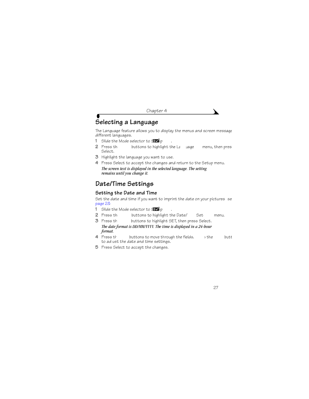 Kodak DX3215 manual Selecting a Language, Date/Time Settings, Setting the Date and Time 