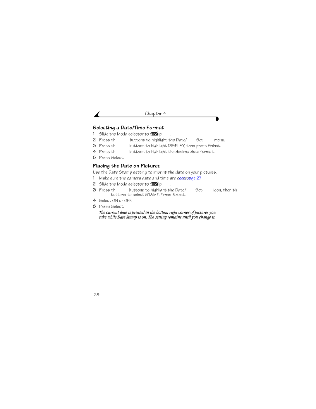 Kodak DX3215 manual Selecting a Date/Time Format, Placing the Date on Pictures 