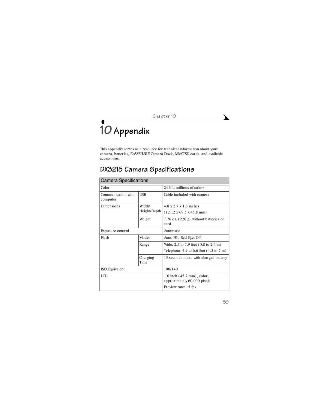 Kodak manual Appendix, DX3215 Camera Specifications 