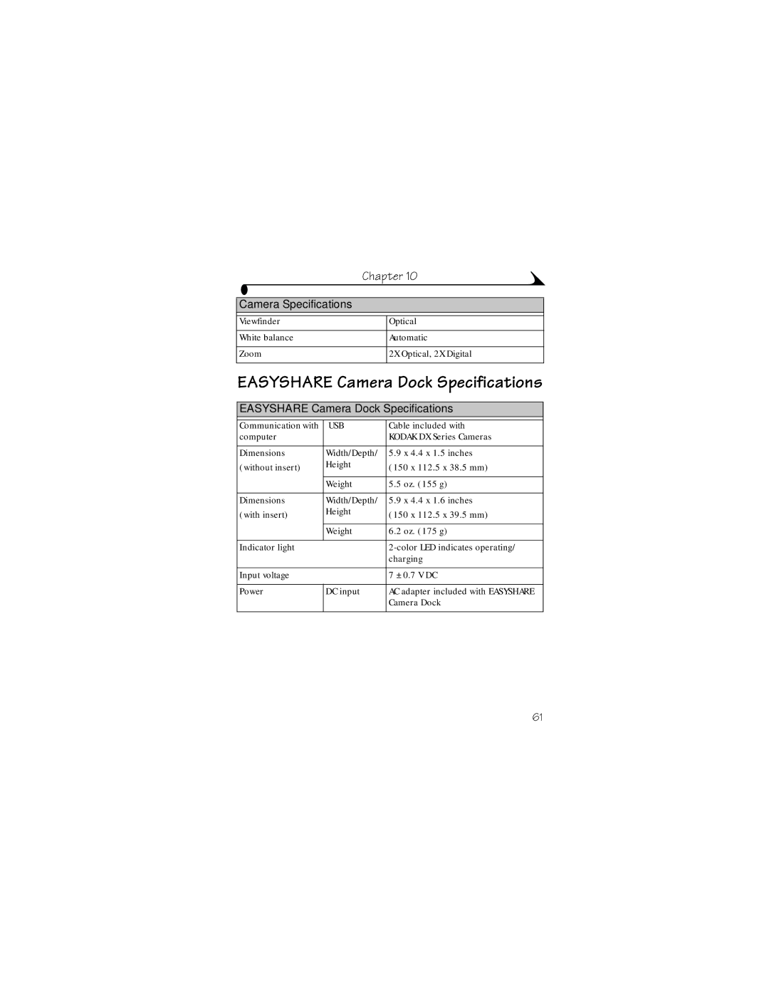 Kodak DX3215 manual Easyshare Camera Dock Specifications 