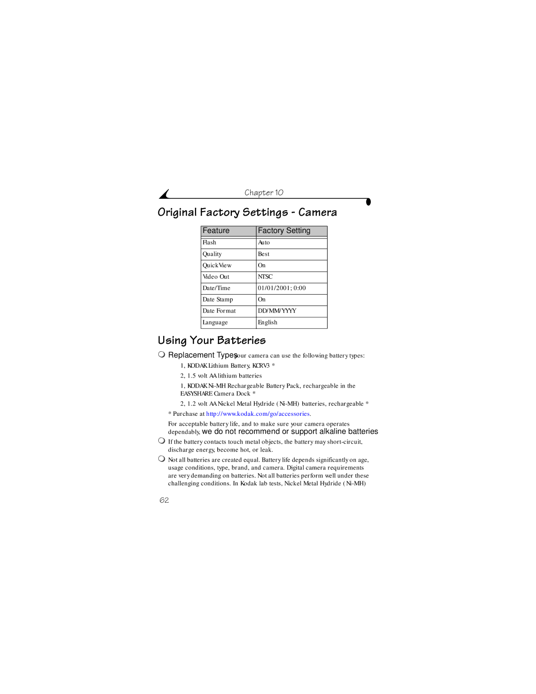 Kodak DX3215 manual Original Factory Settings Camera, Using Your Batteries, Feature Factory Setting 