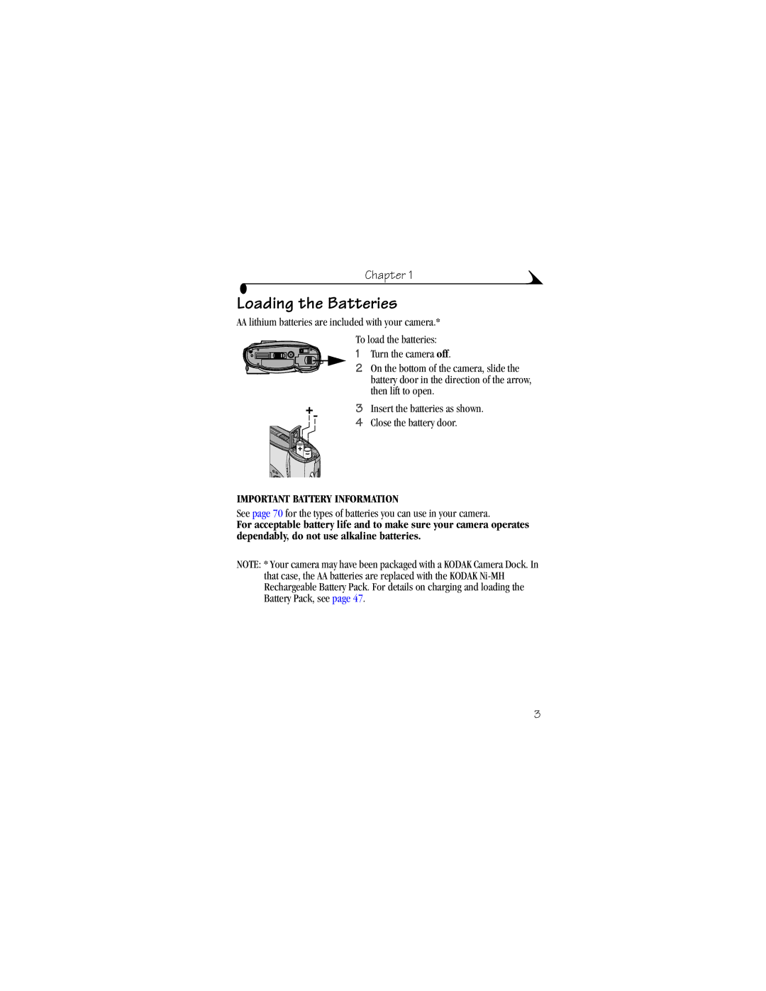 Kodak DX3500 manual Loading the Batteries, Important Battery Information 