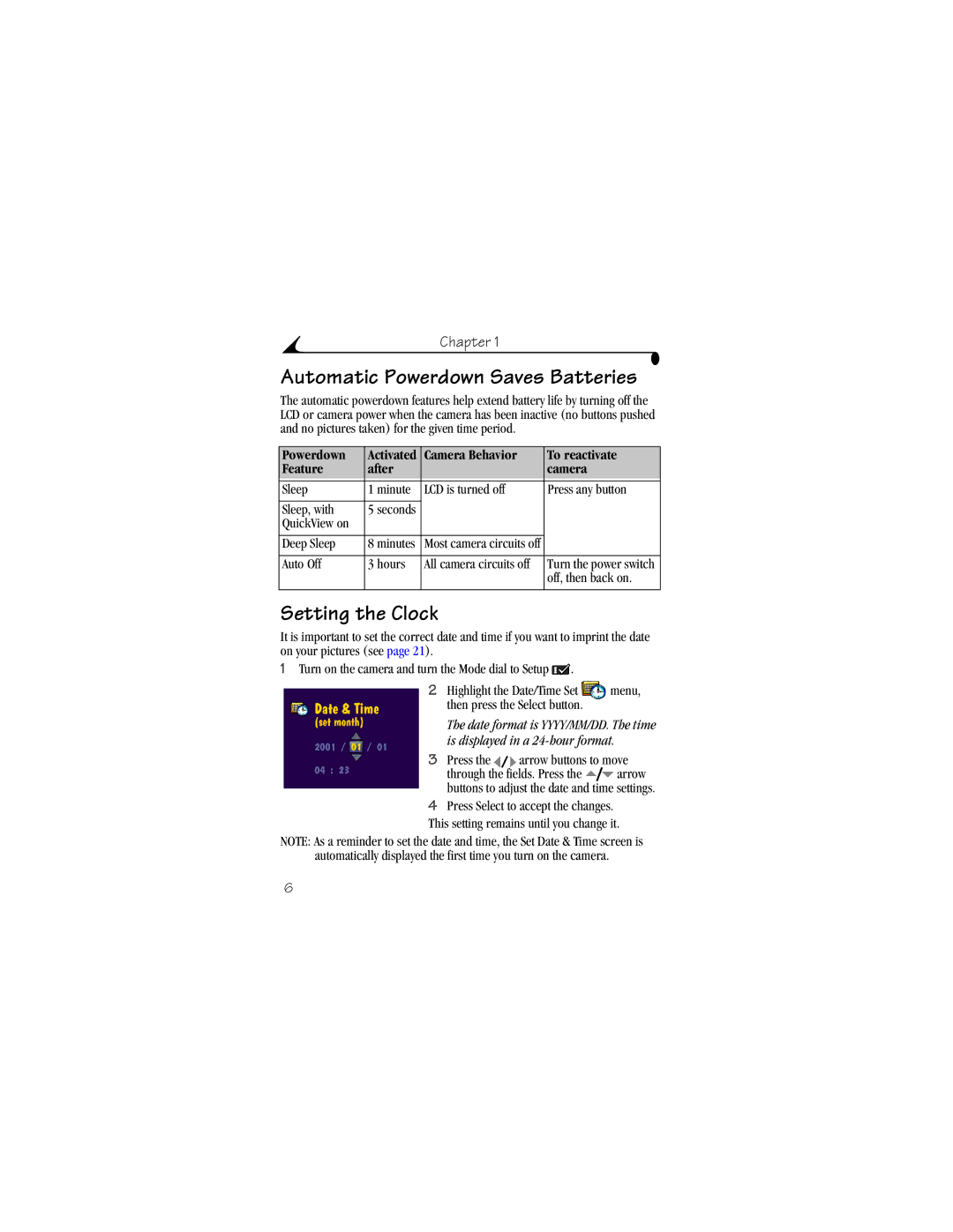 Kodak DX3500 manual Automatic Powerdown Saves Batteries, Setting the Clock, Camera Behavior To reactivate Feature After 