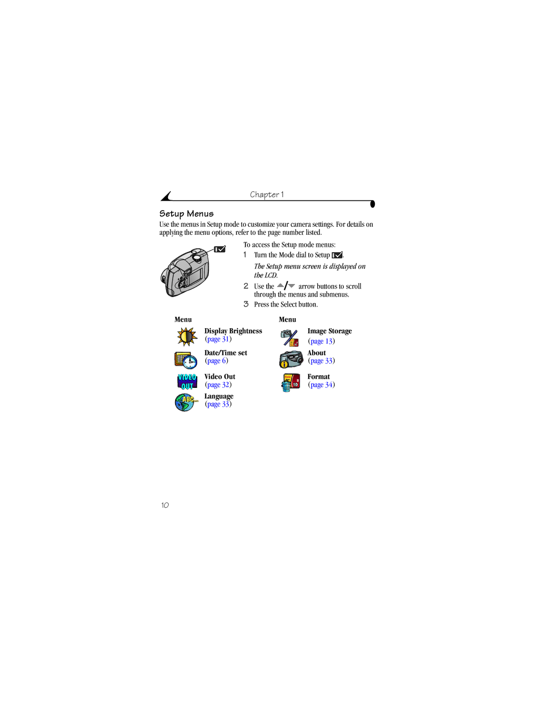 Kodak DX3500 manual Setup Menus, Menu Display Brightness, Date/Time set About Video Out Format Language 