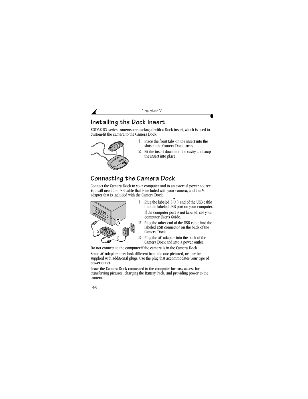 Kodak DX3500 manual Installing the Dock Insert, Connecting the Camera Dock 