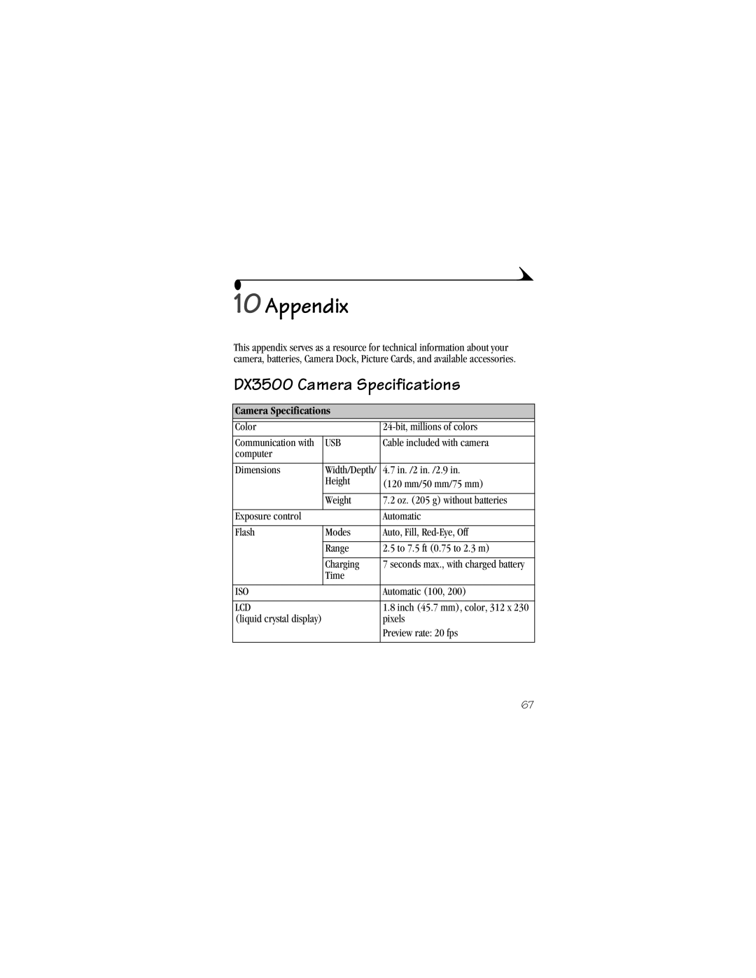 Kodak manual Appendix, DX3500 Camera Specifications 