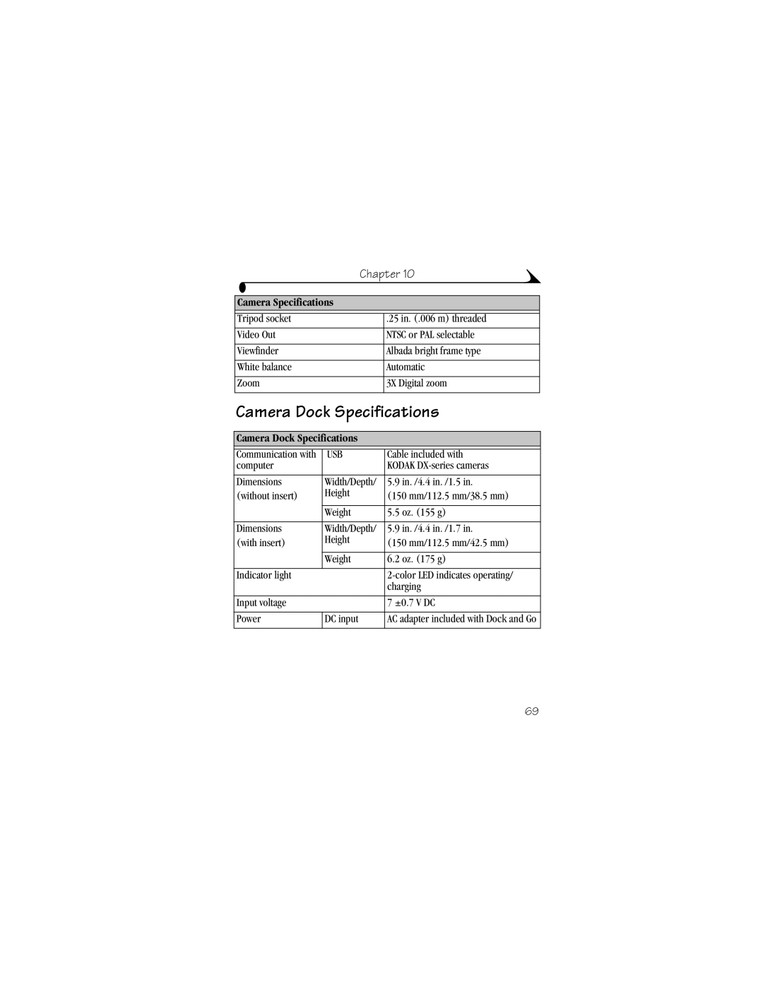 Kodak DX3500 manual Camera Dock Specifications 