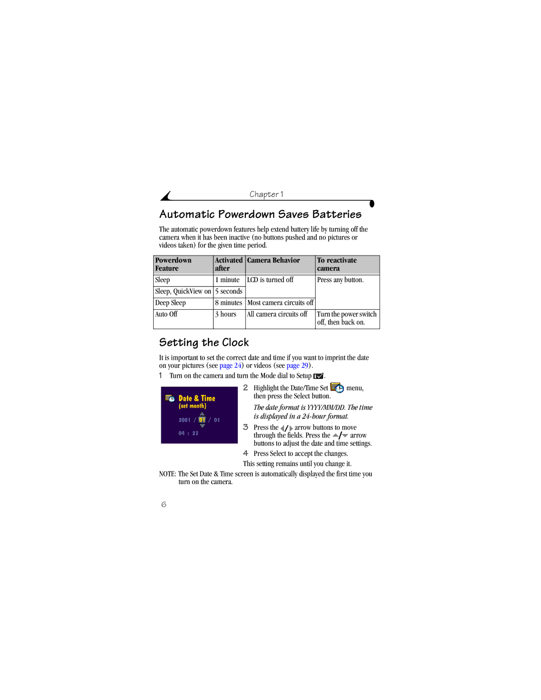 Kodak DX3600 manual Automatic Powerdown Saves Batteries, Setting the Clock, Camera Behavior To reactivate Feature After 