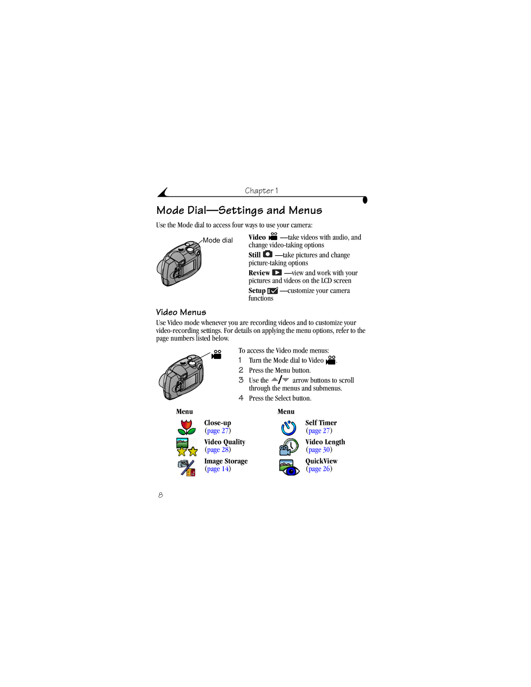 Kodak DX3600 manual Mode Dial-Settings and Menus, Video Menus 