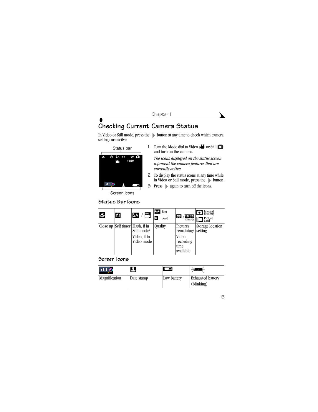 Kodak DX3600 manual Checking Current Camera Status, Status Bar Icons, Screen Icons 