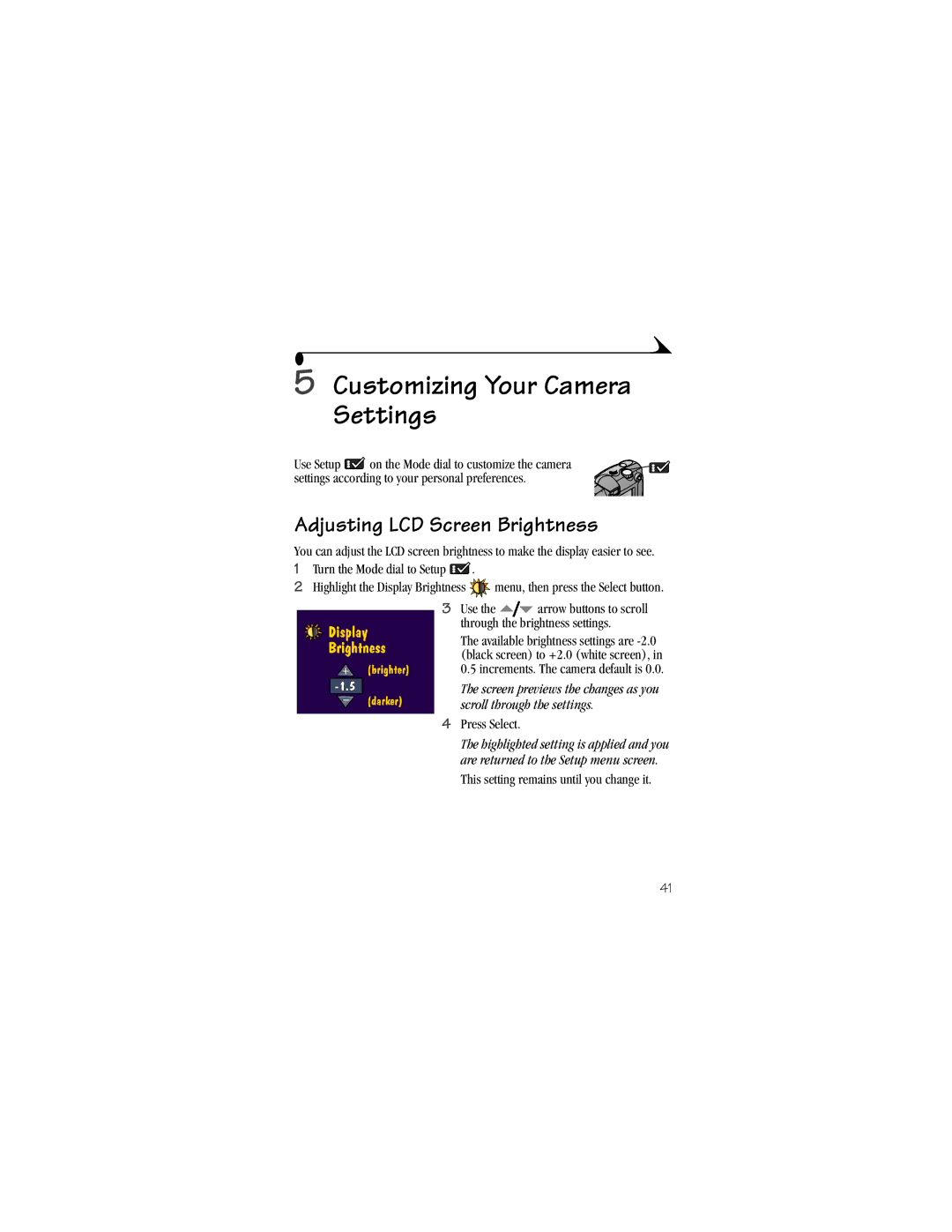 Kodak DX3600 manual Customizing Your Camera Settings, Adjusting LCD Screen Brightness 