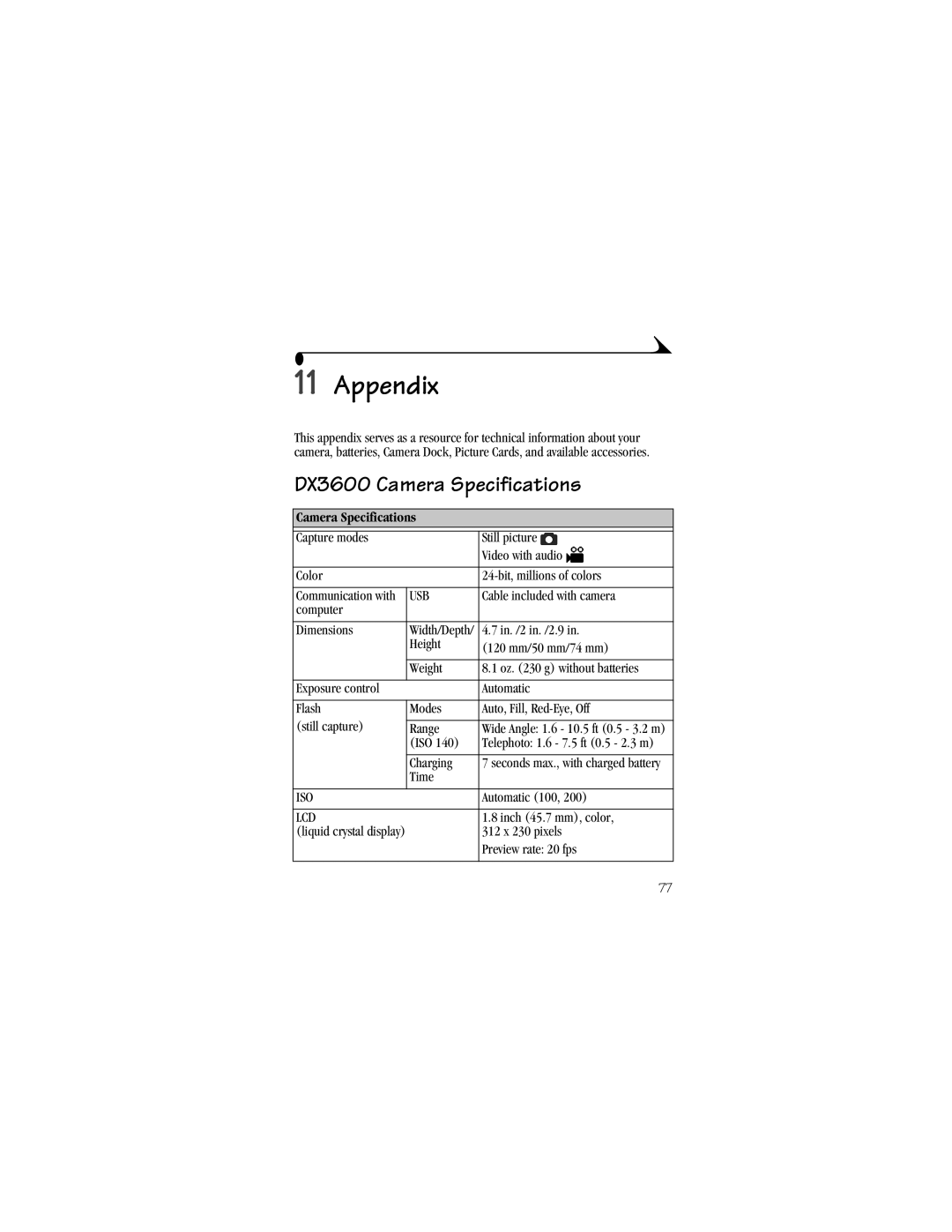 Kodak manual Appendix, DX3600 Camera Specifications 