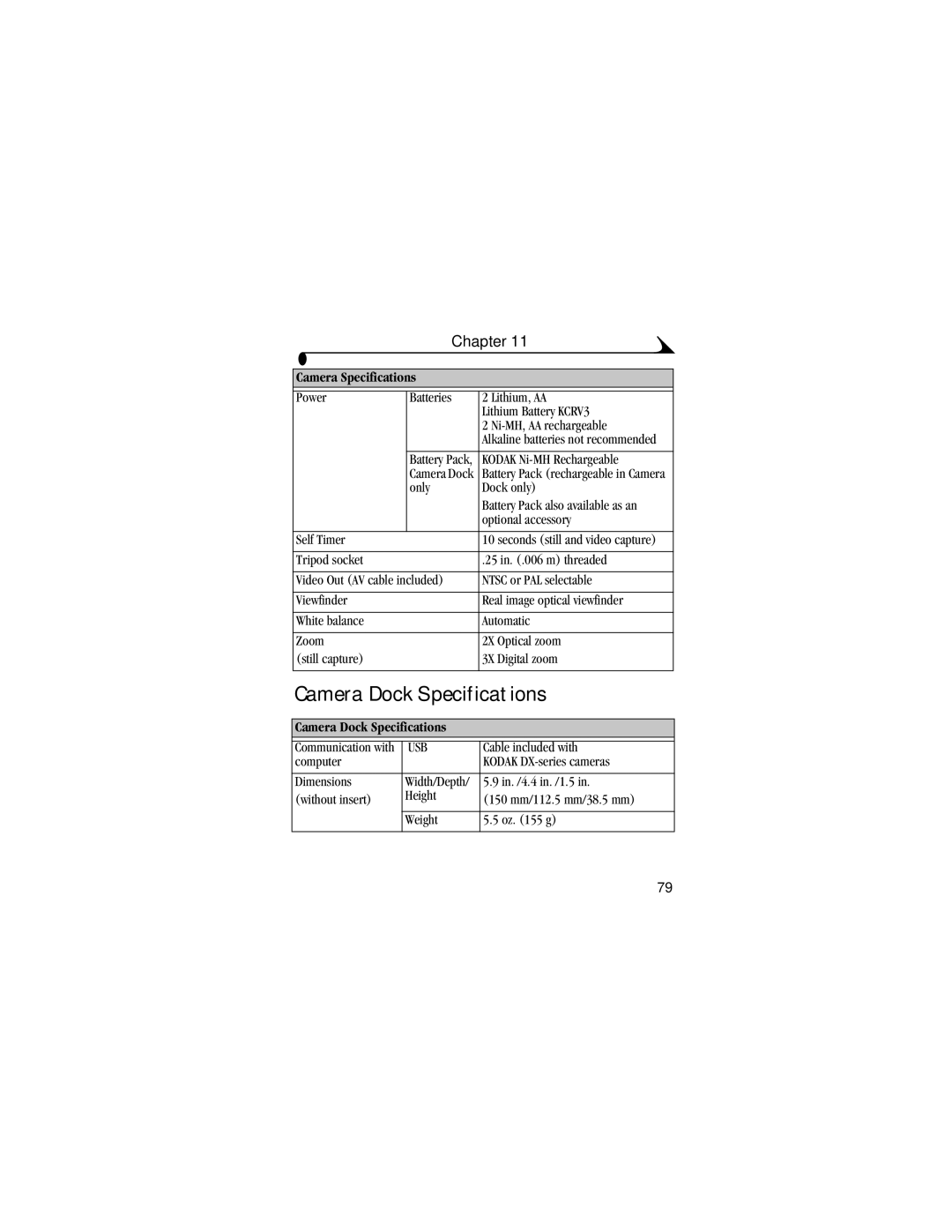 Kodak DX3600 manual Camera Dock Specifications 