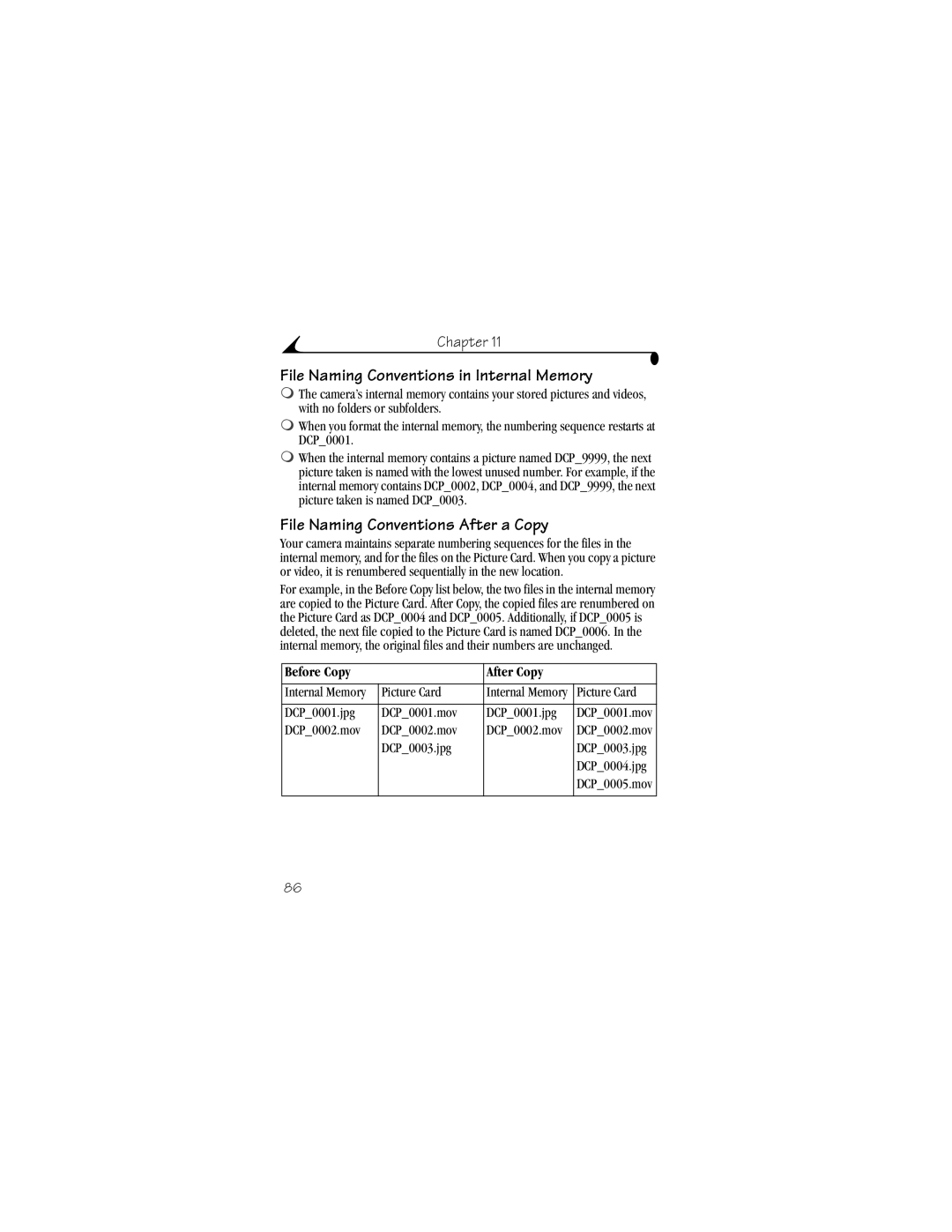 Kodak DX3600 File Naming Conventions in Internal Memory, File Naming Conventions After a Copy, Before Copy After Copy 