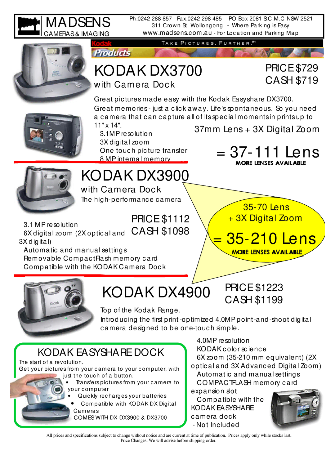 Kodak specifications = 37-111 Lens, = 35-210 Lens, Kodak DX3700, Kodak DX3900 