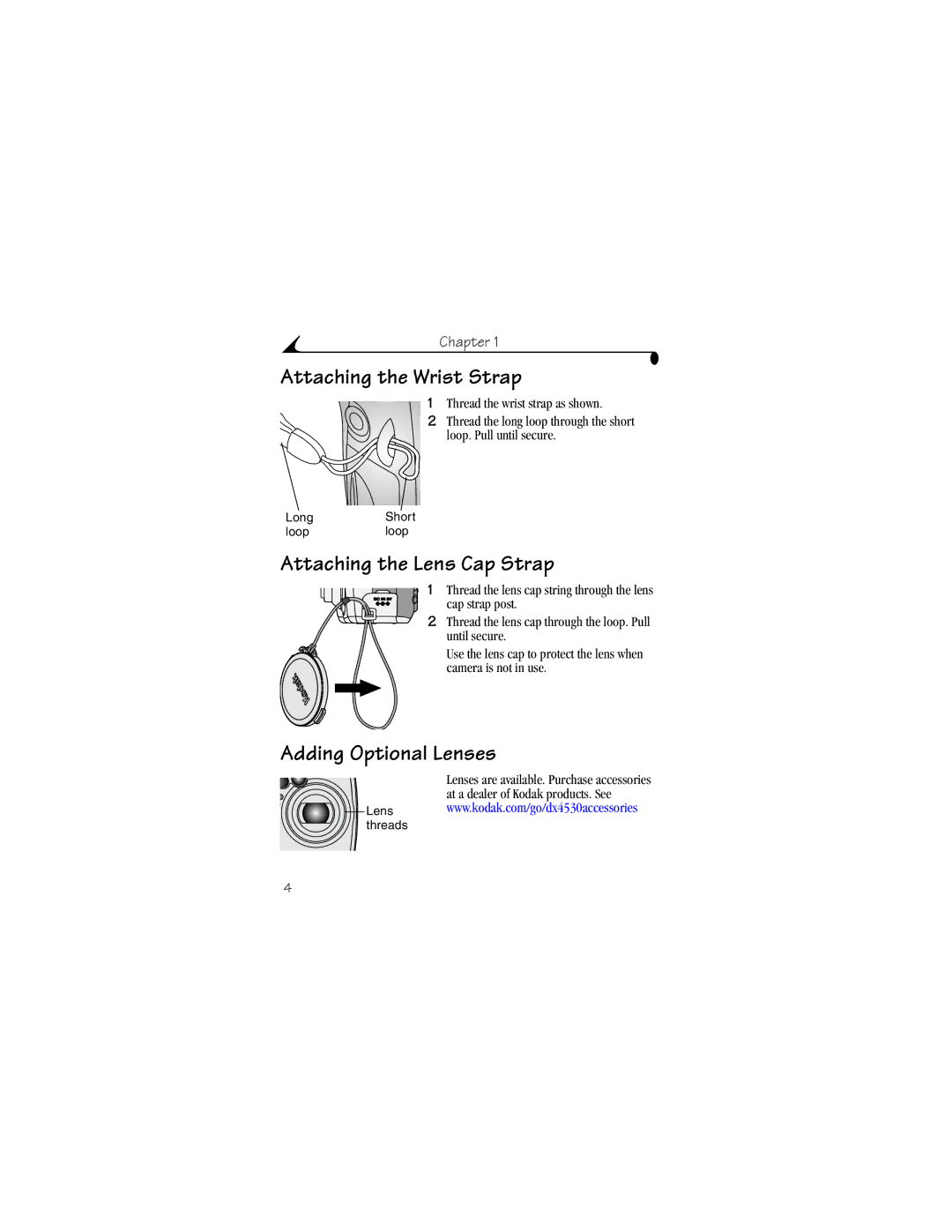 Kodak DX4530 manual Attaching the Wrist Strap, Attaching the Lens Cap Strap, Adding Optional Lenses 