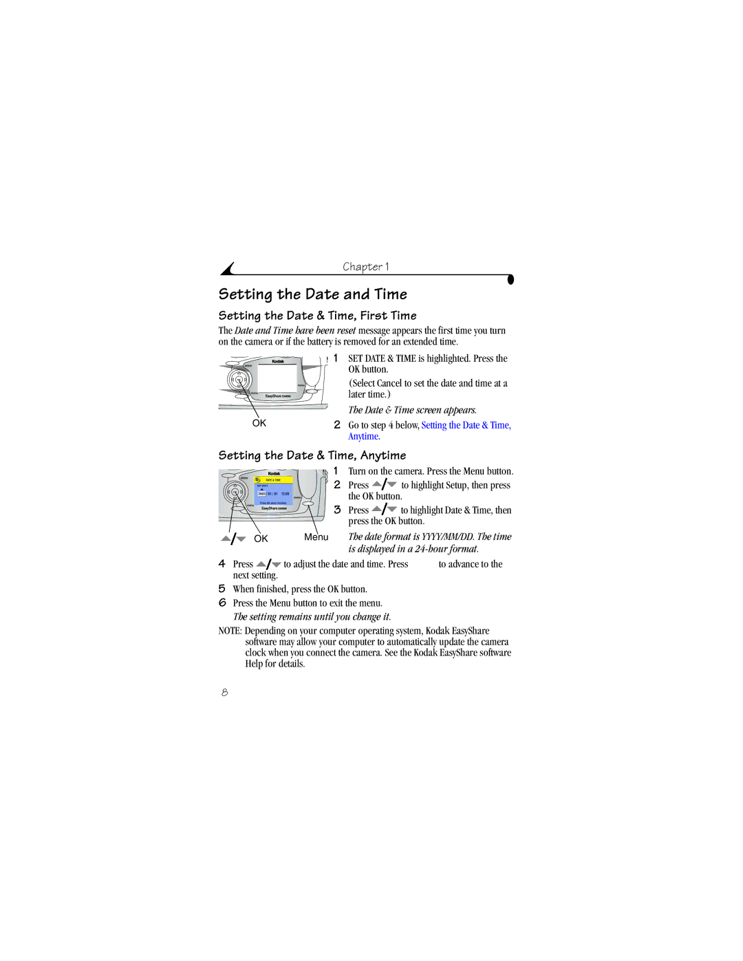 Kodak DX4530 manual Setting the Date and Time, Setting the Date & Time, First Time, Setting the Date & Time, Anytime 