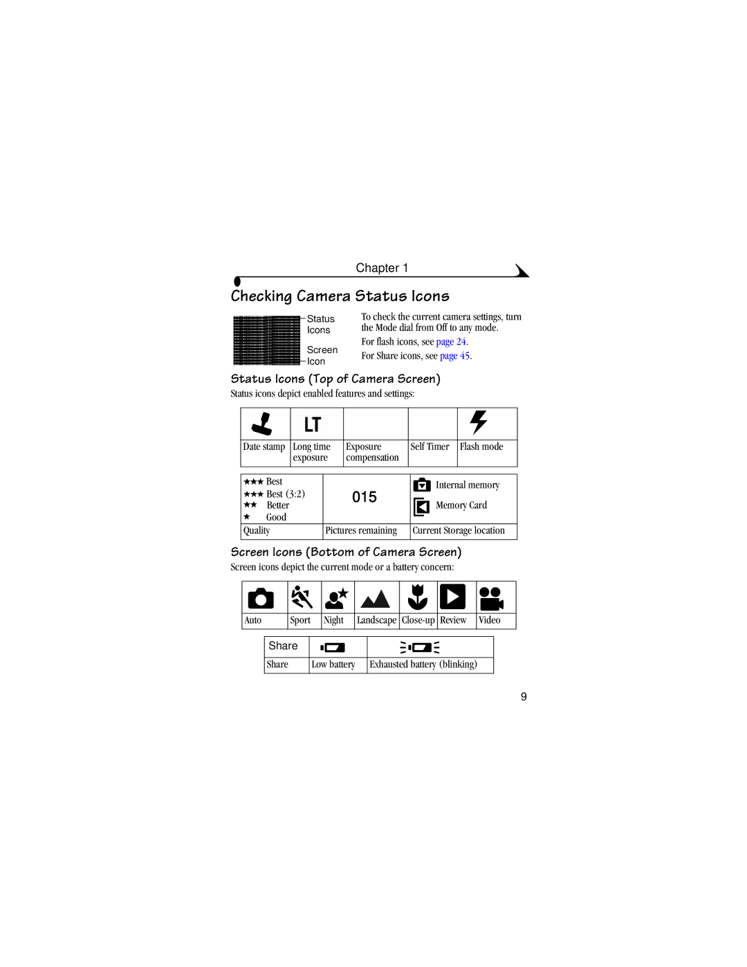 Kodak DX4530 manual Checking Camera Status Icons, Status Icons Top of Camera Screen, Screen Icons Bottom of Camera Screen 