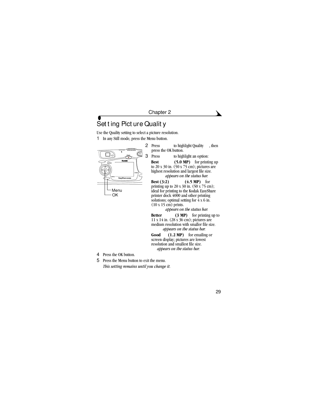 Kodak DX4530 manual Setting Picture Quality, Best, Good 