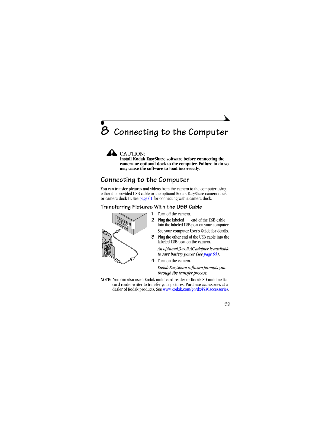 Kodak DX4530 manual Connecting to the Computer, Transferring Pictures With the USB Cable 