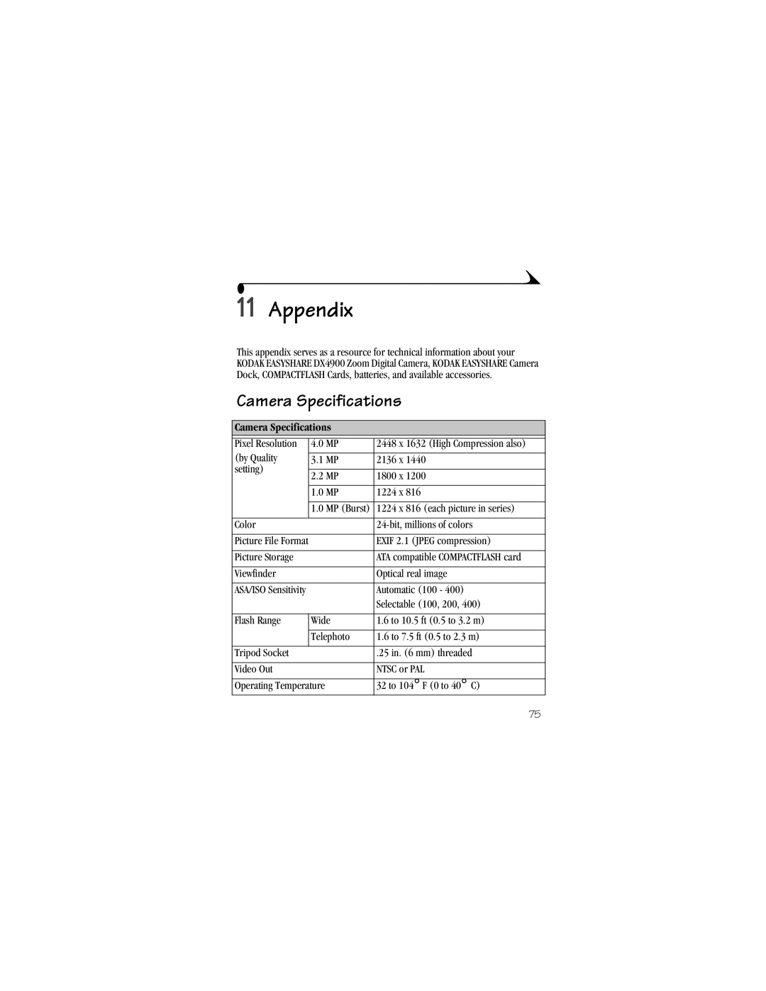 Kodak DX4900 manual Appendix, Camera Specifications 