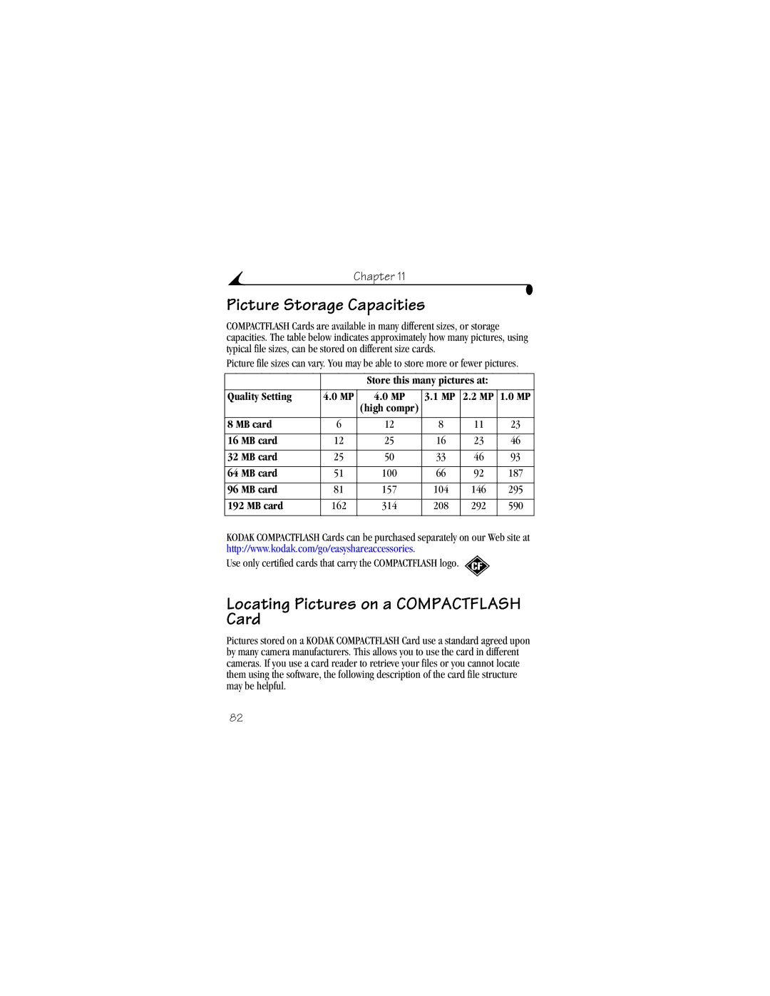 Kodak DX4900 manual Picture Storage Capacities, Locating Pictures on a Compactflash Card, Quality Setting, MB card 