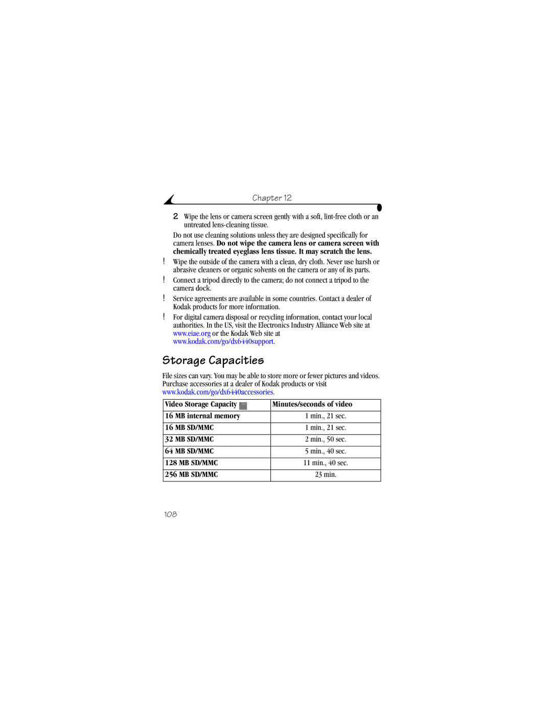 Kodak DX6440 manual Storage Capacities 