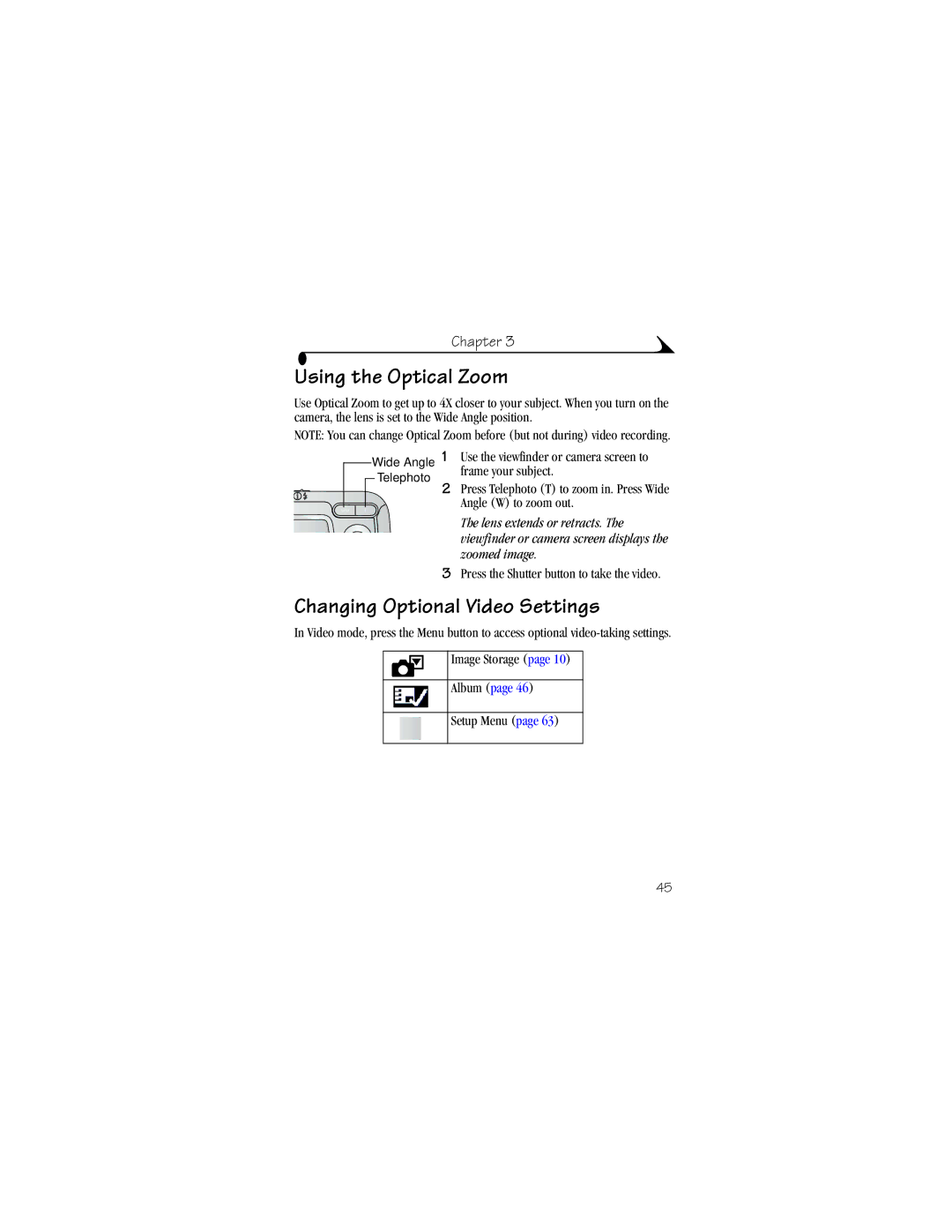 Kodak DX6440 Changing Optional Video Settings, Press the Shutter button to take the video, Image Storage Album Setup Menu 