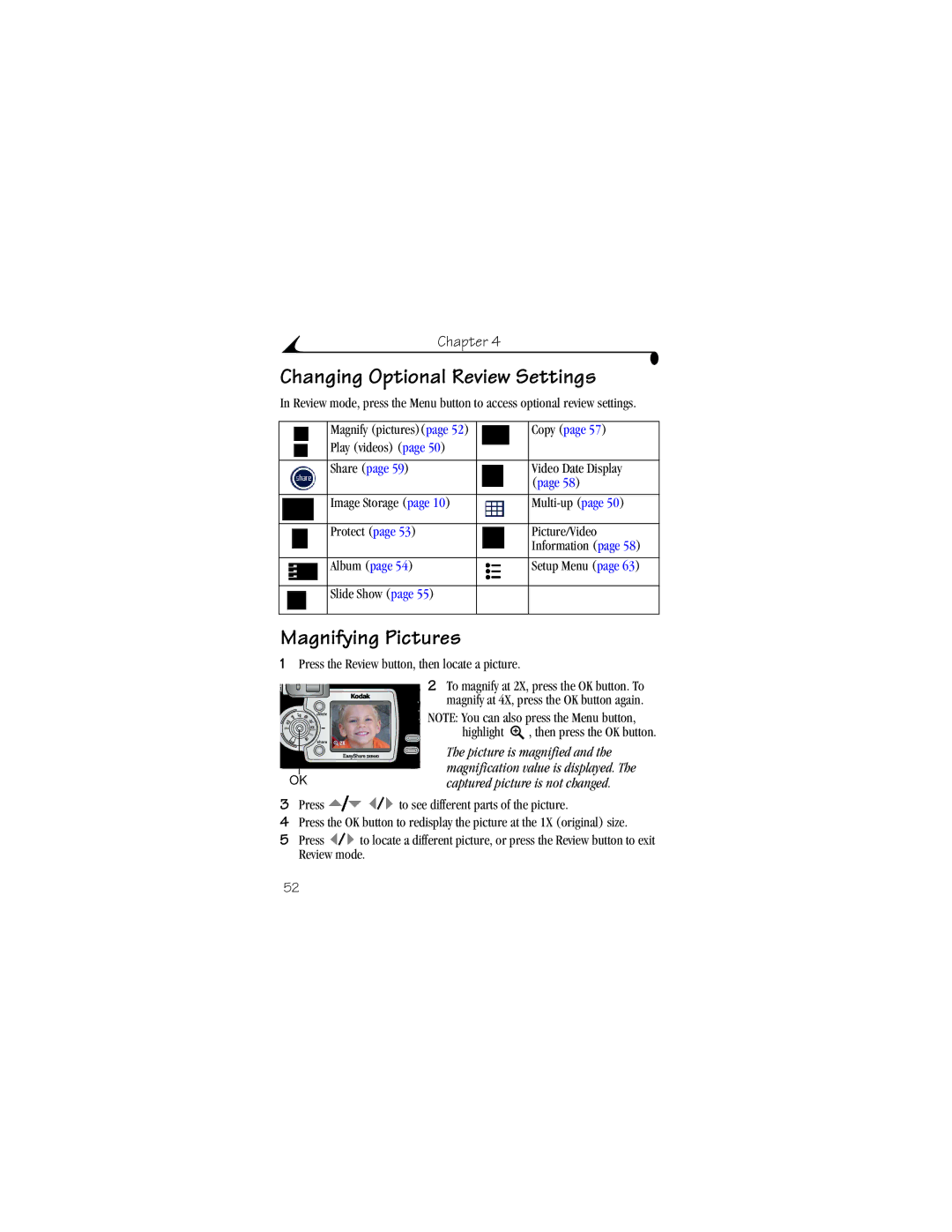 Kodak DX6440 Changing Optional Review Settings, Magnifying Pictures, Copy, Press the Review button, then locate a picture 