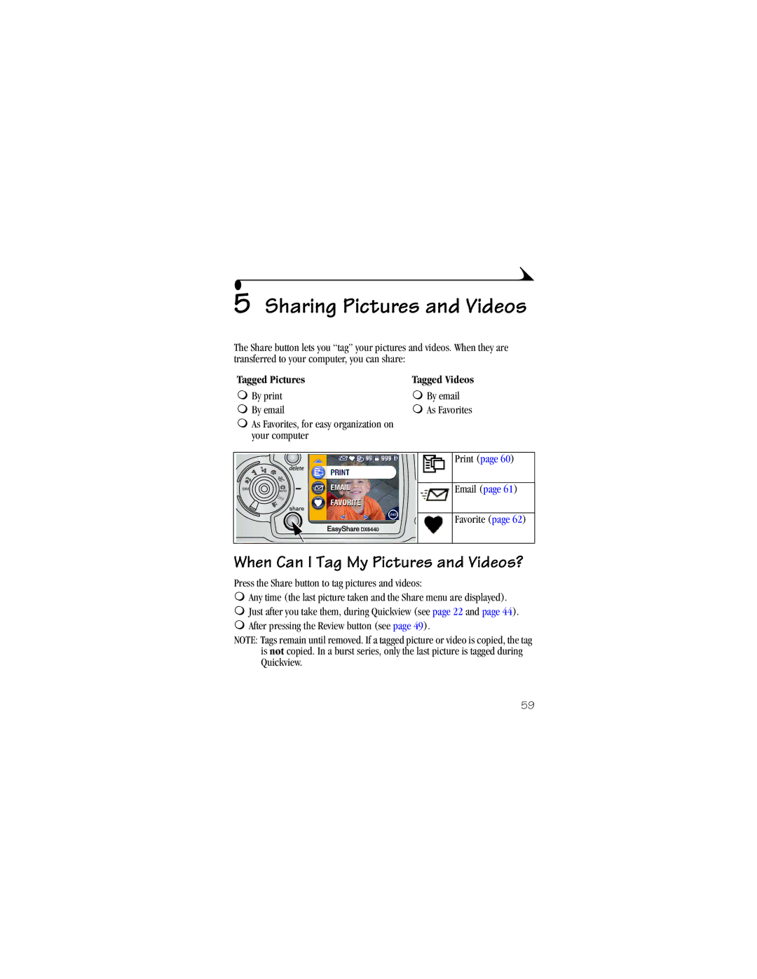 Kodak DX6440 manual Sharing Pictures and Videos, Tagged Pictures, By print By email 