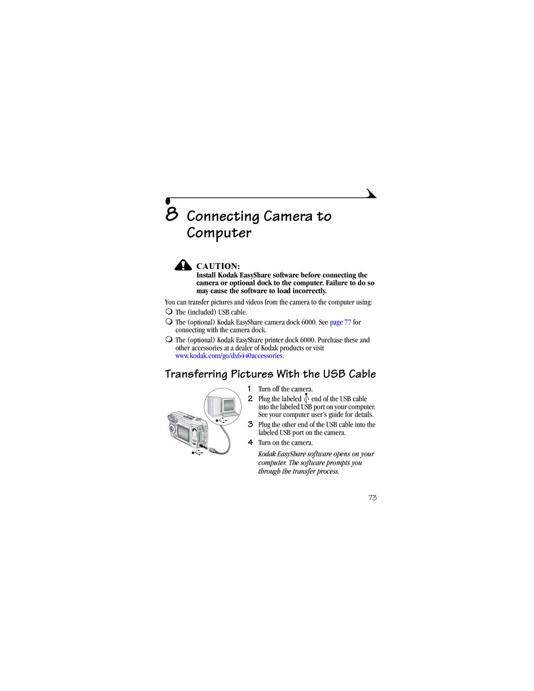 Kodak DX6440 manual Connecting Camera to Computer, See your computer user’s guide for details, Turn on the camera 