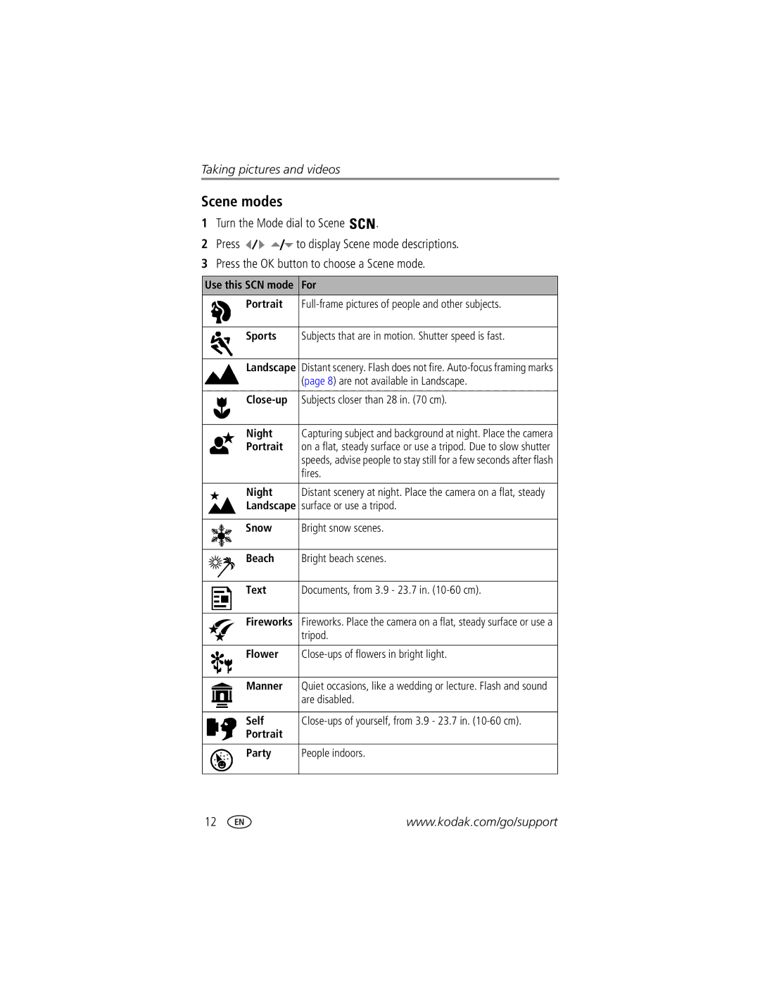 Kodak DX7440 manual Scene modes 