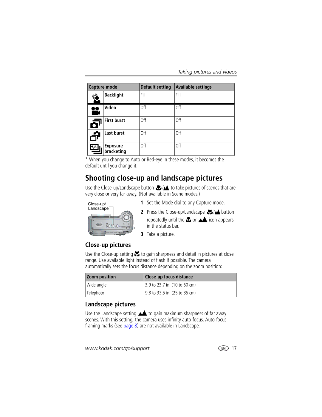 Kodak DX7440 manual Shooting close-up and landscape pictures, Close-up pictures, Landscape pictures 