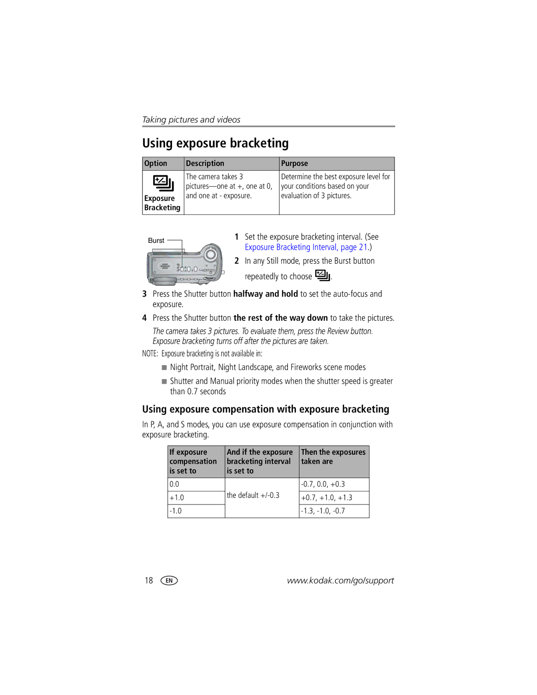 Kodak DX7440 manual Using exposure bracketing, Using exposure compensation with exposure bracketing 