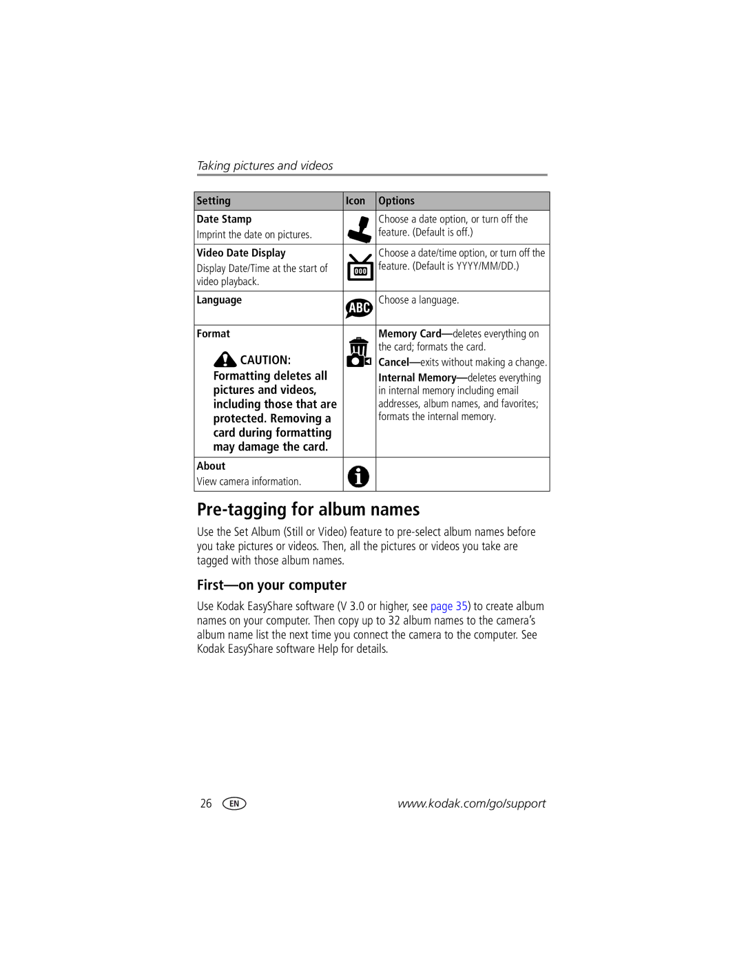 Kodak DX7440 manual Pre-tagging for album names, First-on your computer 