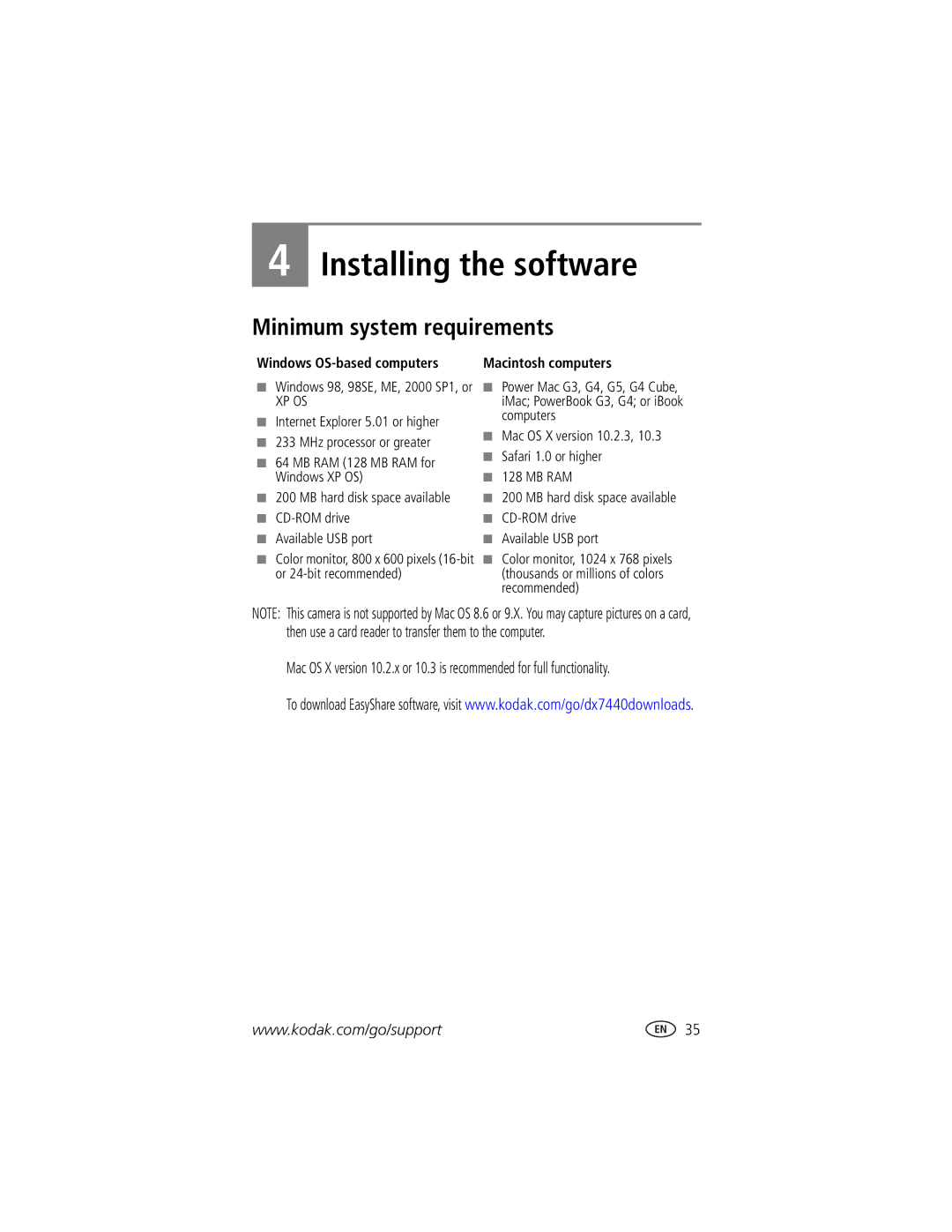 Kodak DX7440 manual Installing the software, Minimum system requirements, Windows OS-based computers 