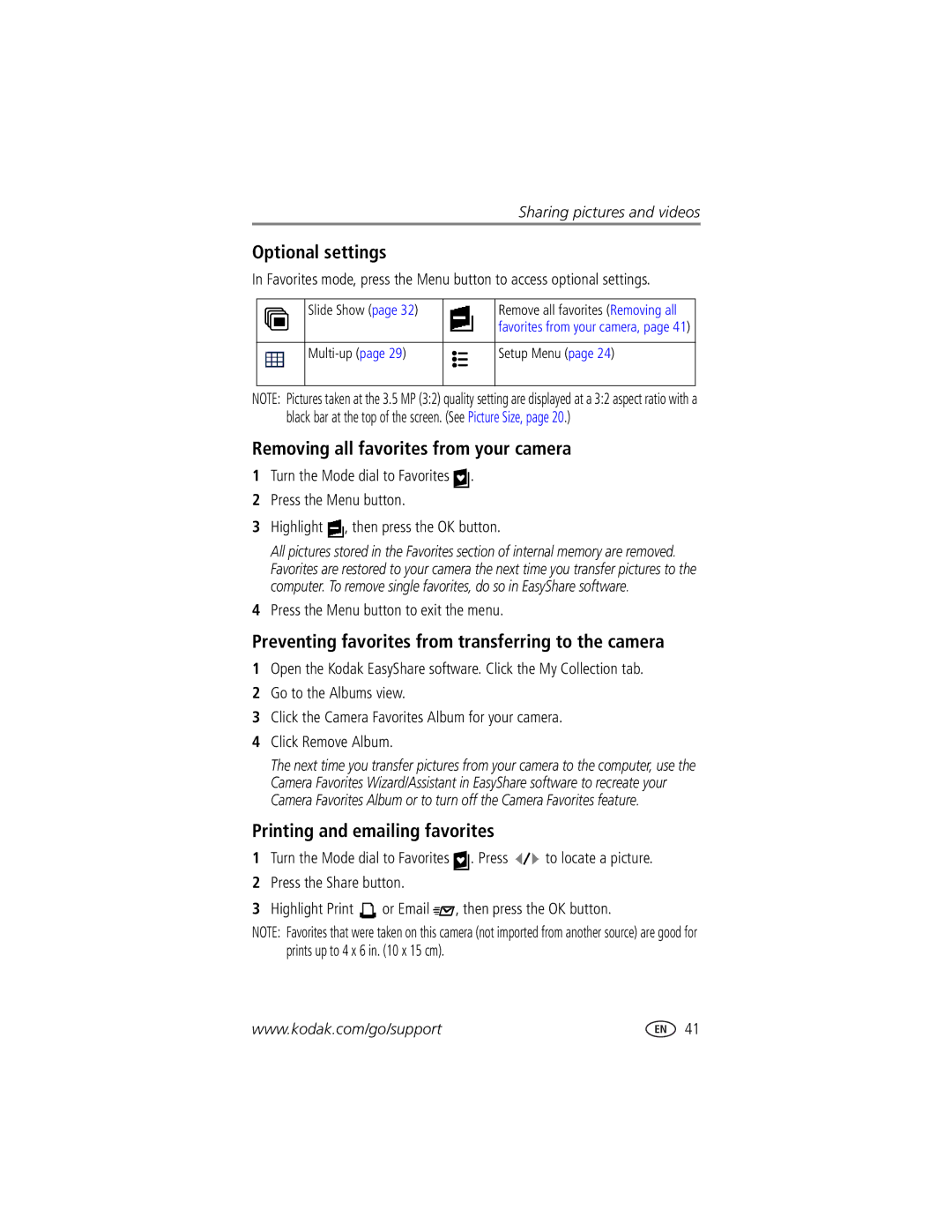 Kodak DX7440 manual Optional settings, Removing all favorites from your camera, Printing and emailing favorites 