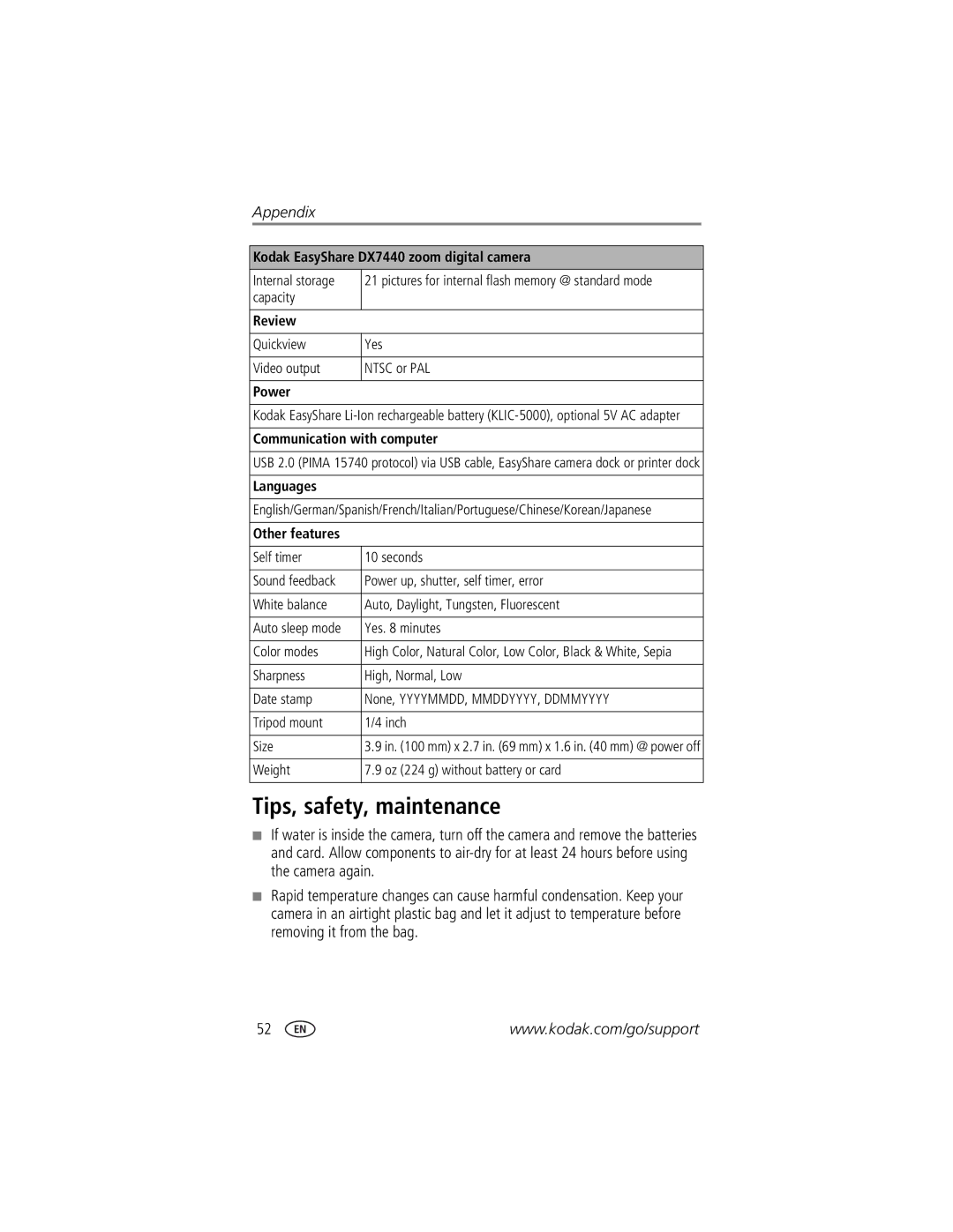 Kodak DX7440 manual Tips, safety, maintenance 